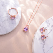 天然紫水晶套装项链耳钉戒指2.5克拉主石镶嵌莫桑石925银镀玫瑰金