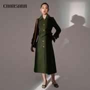 香莎chansarr简约复古设计绿色，毛呢大衣质感大气长款羊毛外套
