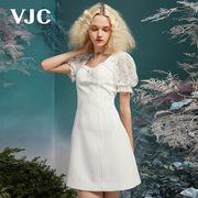 vjc威杰思女装春夏，抹胸连衣裙灯笼袖，短袖蕾丝珍珠白色