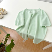 温柔风2024冰丝短袖针织T恤女夏高级感短款薄荷绿色正肩上衣