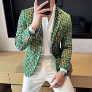 时尚休闲修身绿色小西装男轻奢，英伦韩版商务，花式西服外套潮牌上衣