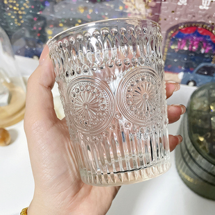 ins高颜值太阳花水杯浮雕复古杯子，玻璃透明仙女，喝水杯果汁饮料杯