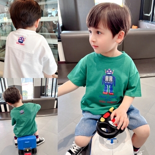 质感好~男童纯棉机器人短袖，t恤儿童夏装中小童，韩版宽松半袖上衣潮