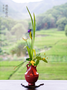 墨蓝花器道红色陶瓷禅意花瓶中式插花器皿客厅桌面摆件日式插花