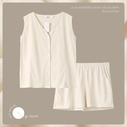 睡衣女士夏季纯棉开衫，薄款无袖短裤性感纯色，两件套装家居服背心式