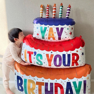 ins小红书蛋糕装饰品三层蛋糕，彩色铝膜气球，生日派对拍照布置道具