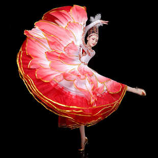 新疆舞蹈表演服装开场舞大摆裙演出服女大气，维吾族鲜花变色长裙