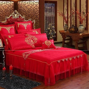 婚庆大红色床罩单件结婚全棉夹棉加厚床裙1.8m2米床垫保护套
