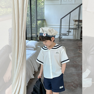 虾酱麻麻男童衬衫套装夏季2023宝宝洋气海军风儿童短袖衣服潮
