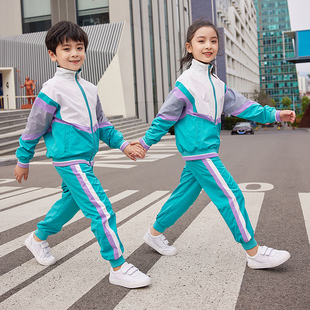 运动休闲风中小学生，教师班服两件套894-2182蓝绿色，外套长裤印校徽
