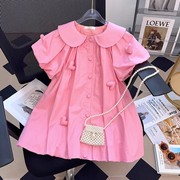 女童连衣裙夏季韩版儿童洋气娃娃领衬衫裙中大童泡泡袖粉色公主裙