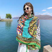 夏季棉麻围巾女波西米亚民族风格，超大披肩两用夏防晒(夏防晒)沙滩丝巾