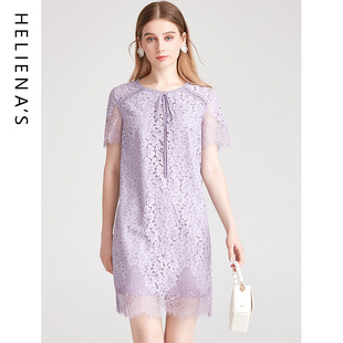 海兰丝春夏气质优雅短袖直筒裙洋气女人味紫色蕾丝连衣裙