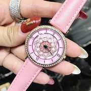 蒂米妮士手表会皮带女表镶钻粉红色时尚圆形石英真皮玫瑰国产腕表