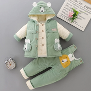男宝宝冬装婴儿棉衣，三件套装加厚0-2岁女棉袄，棉服马甲背带裤冬季