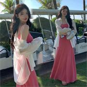 孕妇装网红甜美吊带连衣裙，白色防晒上衣两韩版时尚两件套套头长裙
