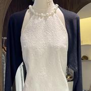新中式珍珠挂脖白色无袖连衣裙女夏季小众设计高级感旗袍短裙