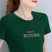 绿色圆领短袖t恤女半袖，上衣2022年夏季薄款小衫中年妈妈宽松体桖