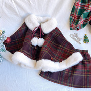 女童圣诞套装红格子毛呢斗篷短外套冬季半裙小女孩加绒两件套