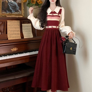 复古红樱桃爱心甜美减龄针织连衣裙秋冬大码假两件拼接设计感长裙