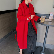 秋冬女装中长款韩版红色呢子结婚大衣女零羊绒宽松双面呢外套