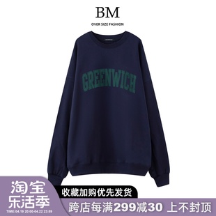 BM Fashion美式GREENWICH绿字母刺绣贴布卫衣bm圆领宽松长袖上衣