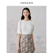 vgrass气质白色100桑，蚕丝上衣夏季休闲短袖t恤女vsx1o21180