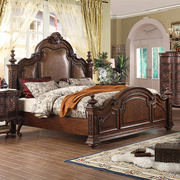 美式实木真皮床双人床1.8米主卧雕花，欧式床柱子床婚床复古皮艺床