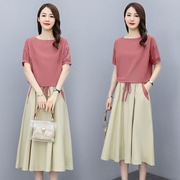 棉麻连衣裙女2024夏季韩版宽松大码女装半身裙亚麻裙子两件套