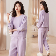 紫色刺绣韩系慵懒风圆领，卫衣女设计感时尚运动休闲两件套装
