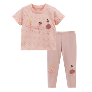 女童粉红色短袖套装儿童打底裤子夏季套装，宝宝纯棉半袖t恤两件套2