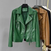 韩国时尚洋气短款绿色皮，衣女春秋长袖西装领收腰真皮夹克外套