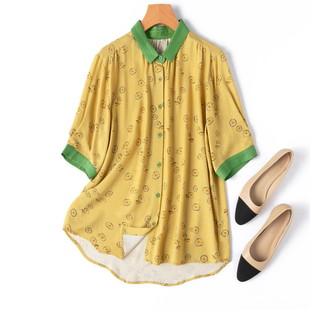 “黄绿配，不腻味”软糯真丝绢丝+棉小方领五分袖衬衫新宽松上衣