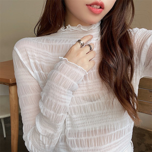 韩版透视蕾丝衫，设计感修身雪纺衫叠穿内搭打底堆堆领上衣