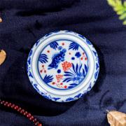 景德镇茶托瓷器鱼藻纹盖置配件，茶具仿古青花瓷中式杯托茶室家用