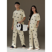 夏天睡衣情侣装一男一女纯棉圆领短袖长裤可爱卡通熊猫家居服套装