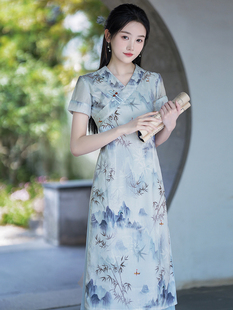 改良旗袍2024年V领水墨日常可穿素雅短袖夏季中国风低领奥黛