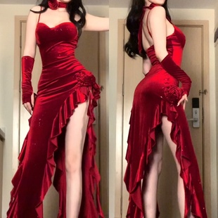 girlsat18红色连衣裙女高级丝绒，吊带裙不规则性感，生日晚礼服长裙