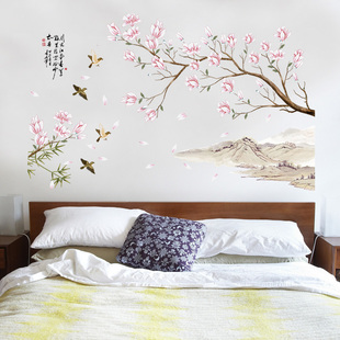 风景山水画墙贴纸中国风古典客厅背景墙卧室床头墙壁装饰贴画自粘