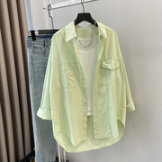 港味慵懒风外搭绿色衬衫女长袖设计感休闲叠穿中长款纯棉衬衣外套