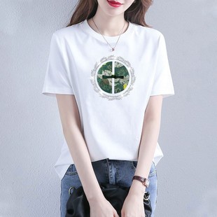 韩国新中式女士中国风2024年t恤短袖烫钻宽松圆领，百搭上衣服