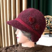 红色老人帽子奶奶秋冬季加绒兔毛女帽中年妈妈护耳骑车毛线针织帽