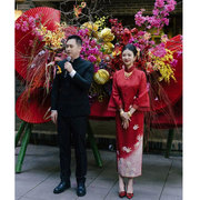 新中式女装晨袍敬酒服新娘结婚便装回门订婚礼服红色连衣裙秋