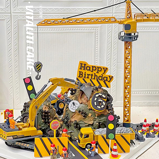 儿童男孩周岁生日蛋糕装饰摆件，大型挖掘机吊塔起重机工程车玩具