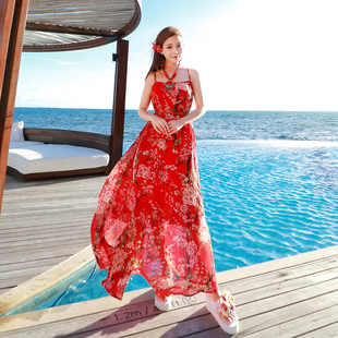 沙滩裙女装海南三亚泰国度假旅行连衣裙大码雪纺吊带碎花长裙