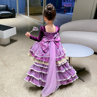 女童拖尾礼服儿童公主裙加绒，裙子紫色迪斯尼星愿女孩洛丽塔连衣裙