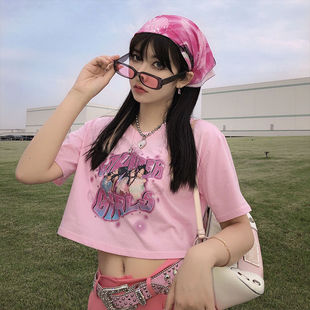 韩版ins潮欧美风字母印花粉色，短款个性短袖，t恤女情侣款中长款上衣