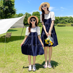 高端亲子装2024夏季母女装，雪纺连衣裙假两件洋气韩版夏装裙子