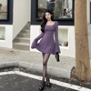girlsat18紫色性感蕾丝针织，连衣裙女秋冬显瘦包臀，吊带短裙两件套