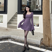 girlsat18紫色性感蕾丝针织连衣裙，女秋冬显瘦包臀吊带短裙两件套